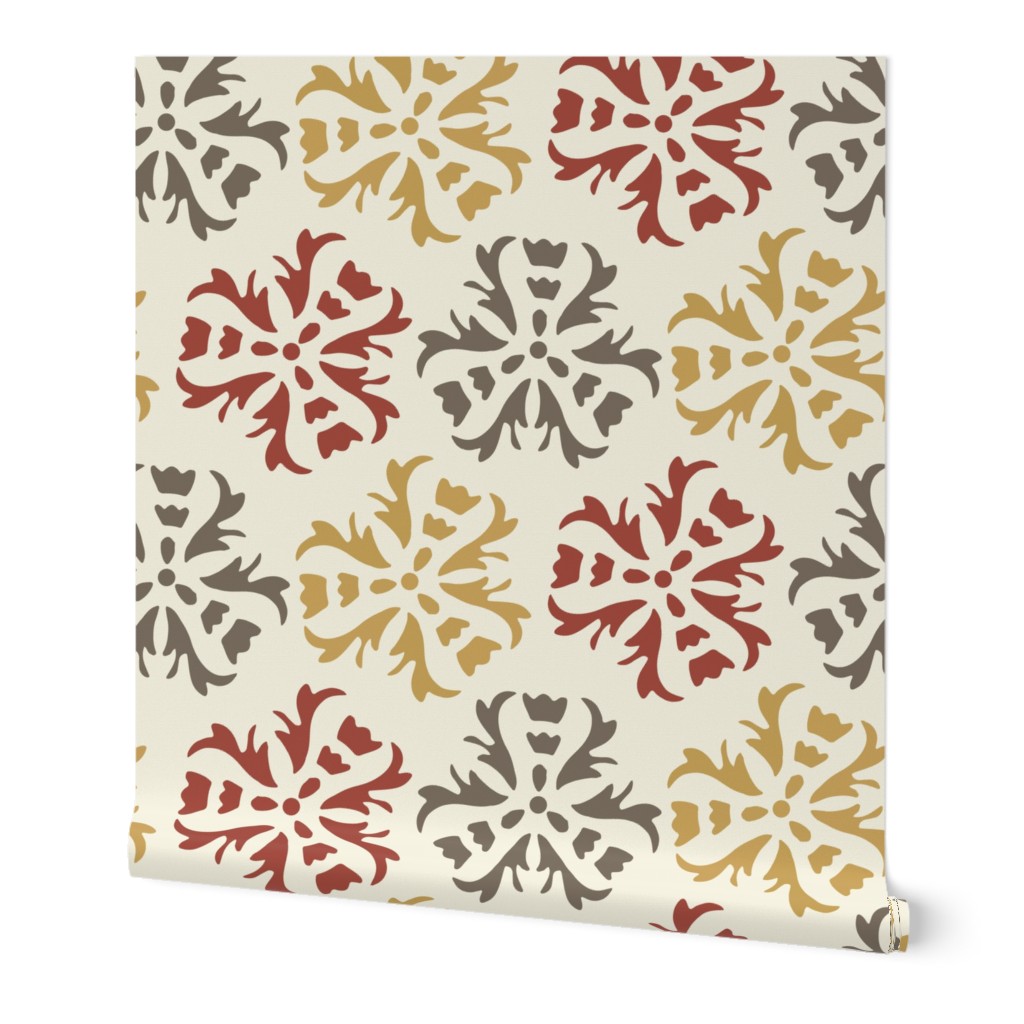 17-06E Autumn Abstract Floral Home Decor || Large Scale wall paper sienna Gold Gray Maroon Red on Cream  _ Miss Chiff Designs 