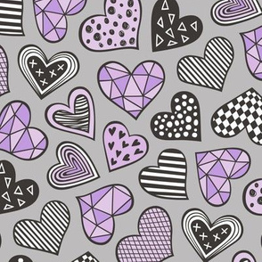 Geometric Patterned Hearts Valentines day Doodle  Purple Violet on Grey