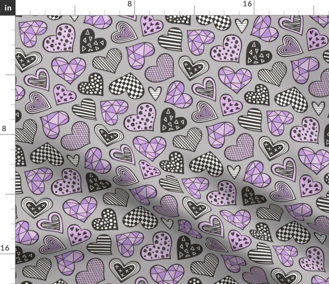Geometric Patterned Hearts Valentines day Doodle  Purple Violet on Grey