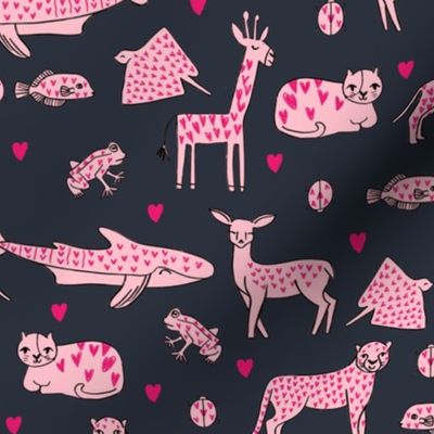 valentines animals // shark deer cat giraffe nursery love hearts fabric navy