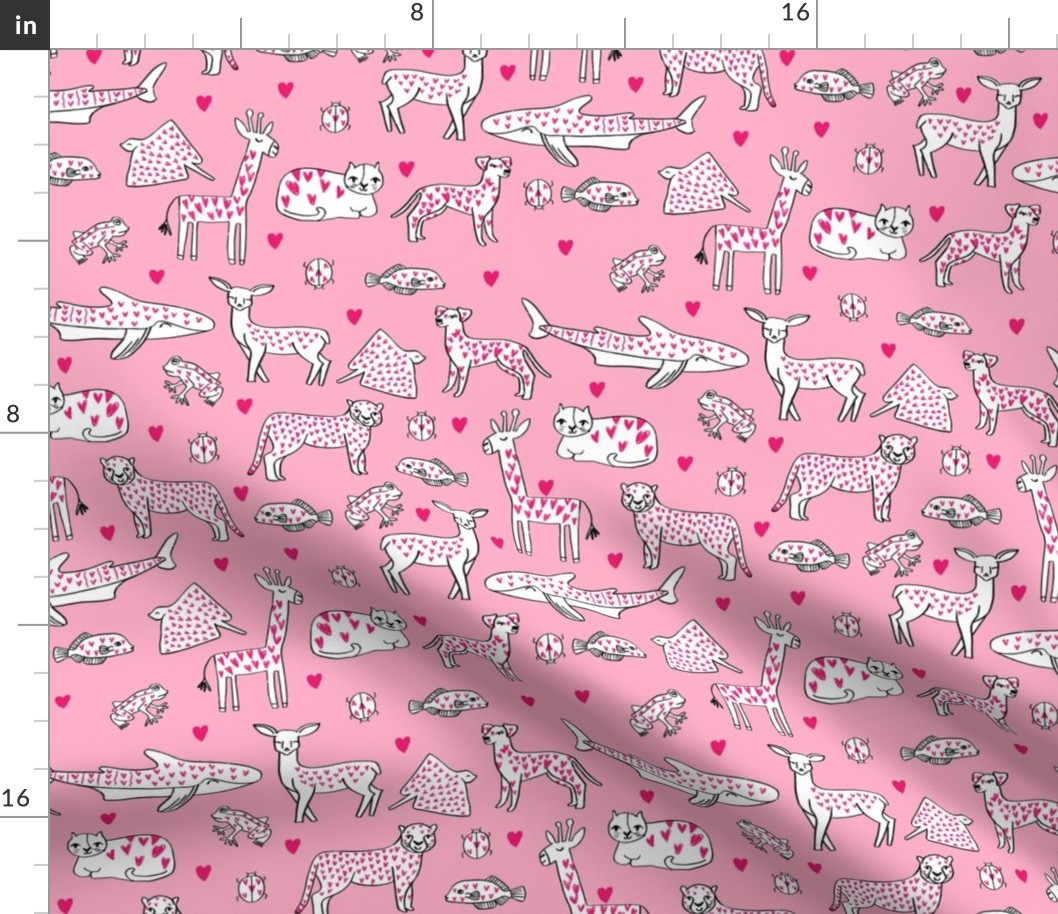 valentines animals // shark deer cat giraffe nursery love hearts fabric pinks