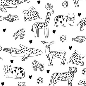 valentines animals // shark deer cat giraffe nursery love hearts fabric black and white