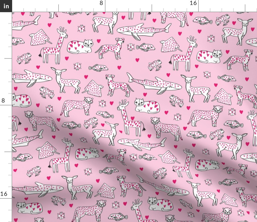 valentines animals // shark deer cat giraffe nursery love hearts fabric pink