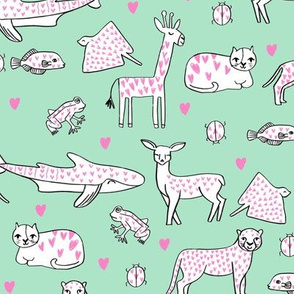 valentines animals // shark deer cat giraffe nursery love hearts fabric mint