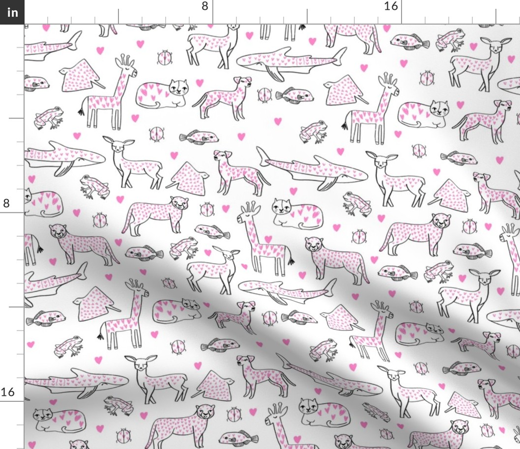 valentines animals // shark deer cat giraffe nursery love hearts fabric white pink