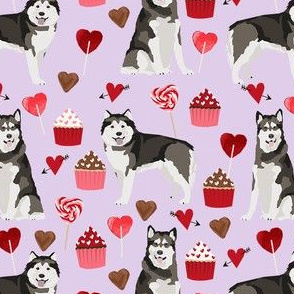 alaskan malamute valentines cupcakes dog breed hearts love fabric purple 