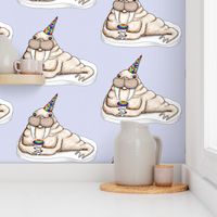 I am the walrus...with a party hat and snow cone...goo goo g' joob! large scale, lavender blue taupe rainbow