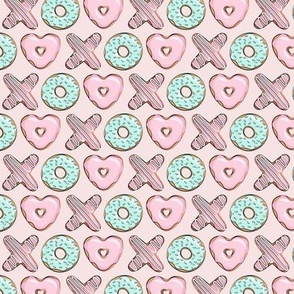 1" - XO heart shaped donuts - valentines pink & mint on pink - valentines day