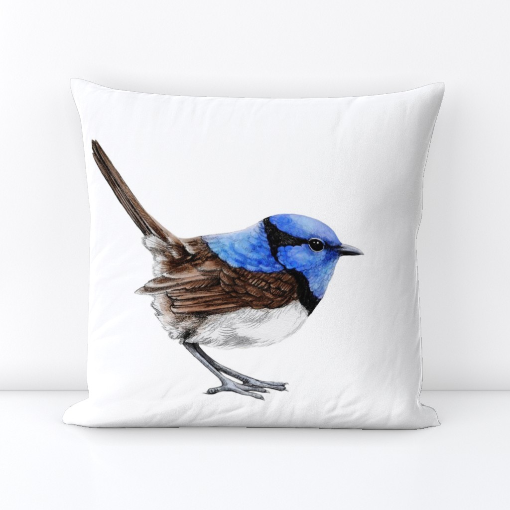 CUSHION Large Blue Wren Facing Right