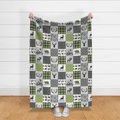 Woodland Animals Patchwork Blanket – Jungle Green / Onyx, Gray Cheater Quilt Top, GL-OG