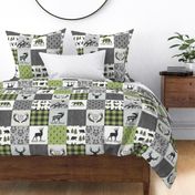 Woodland Animals Patchwork Blanket – Jungle Green / Onyx, Gray Cheater Quilt Top, GL-OG