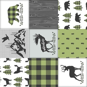 Woodland Animals Patchwork Blanket – Jungle Green / Onyx, Gray Cheater Quilt Top, GL-OG, rotated