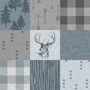 Rustic Buck Woodland Wholecloth Quilt - Slate Blue - Plaid, Buck, Trees, Arrows