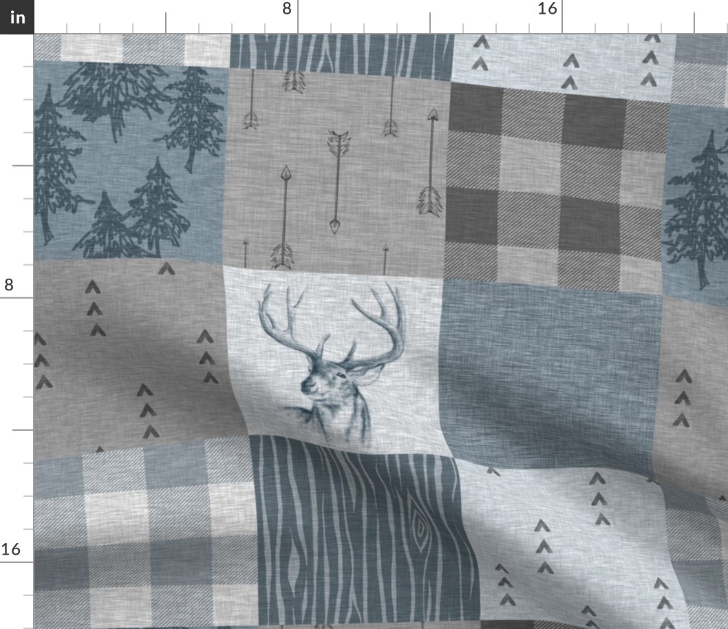 Rustic Buck Woodland Wholecloth Quilt - Slate Blue - Plaid, Buck, Trees, Arrows