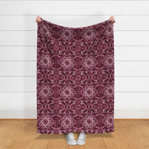 Dark cherry red & pink dirty denim textured boho print large