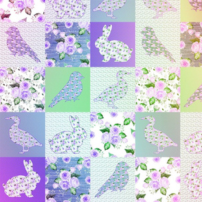 4" PURPLE GREEN RAINBOW CHEATERQUILT FARM ANIMALS AND ROSES FLOWERS BABY PATCHWORK DUCK RABBIT GOOSE BIRD