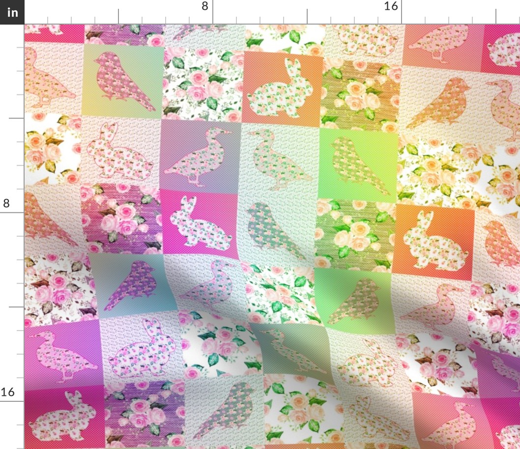 3" PINK ORANGE CHEATERQUILT FARM ANIMALS AND ROSES FLOWERS BABY PATCHWORK DUCK RABBIT GOOSE BIRD