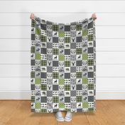 4 1/2" Woodland Animals Patchwork Blanket – Jungle Green / Onyx, Gray Cheater Quilt Top, GL-OG