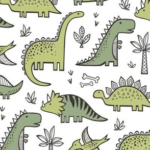 Dinosaurs in Green on White
