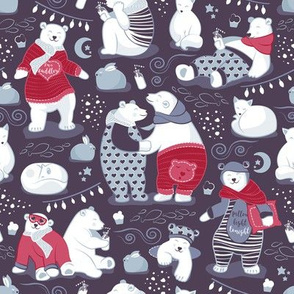 Arctic bear pajamas party IV // violet beet background red pajamas