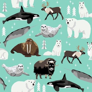 arctic animals narwhal polar bear seal whale nature kids nursery fabric bright mint