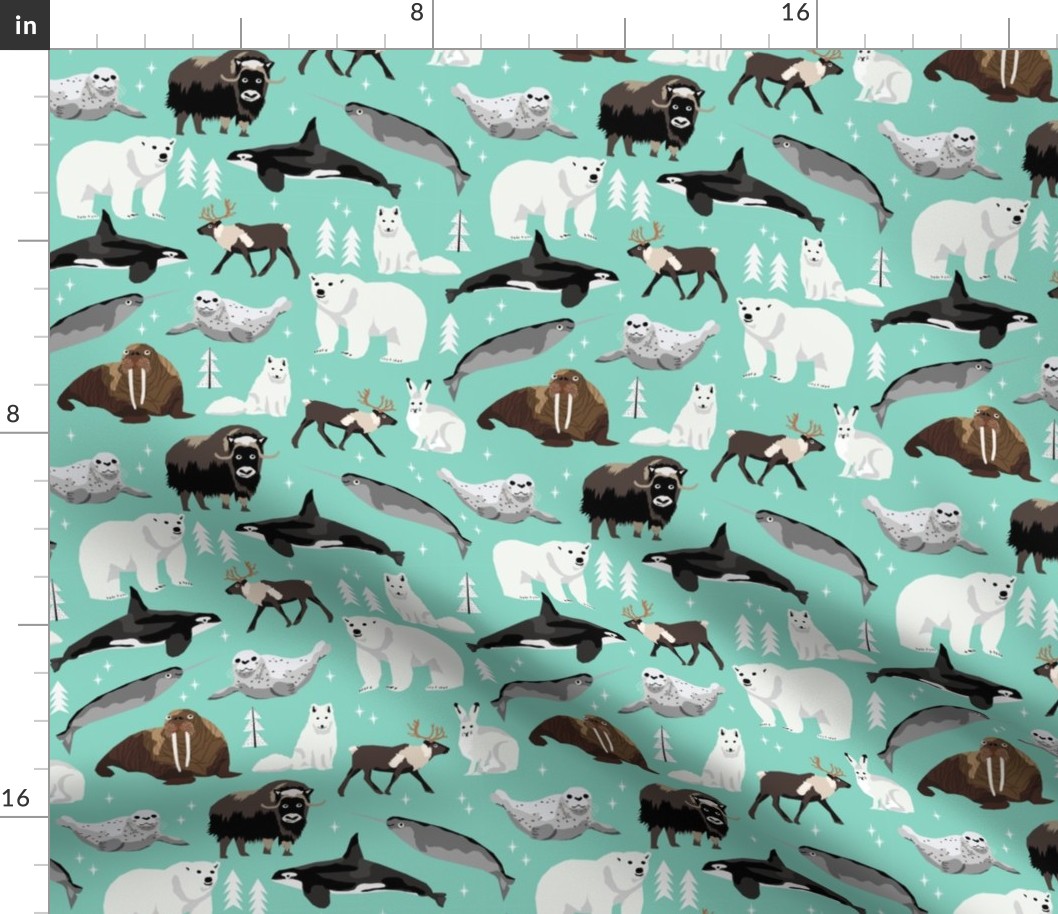 arctic animals narwhal polar bear seal whale nature kids nursery fabric bright mint