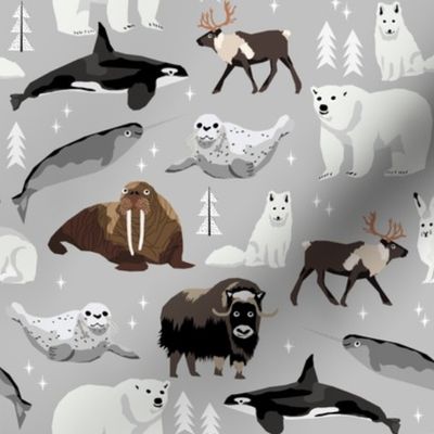 arctic animals narwhal polar bear seal whale nature kids nursery fabric light grey