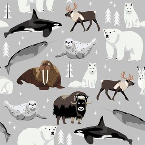 arctic animals narwhal polar bear seal whale nature kids nursery fabric light grey