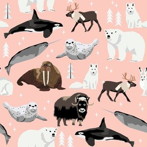 arctic animals narwhal polar bear seal whale nature kids nursery fabric pink