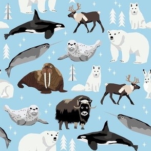 arctic animals narwhal polar bear seal whale nature kids nursery fabric blue