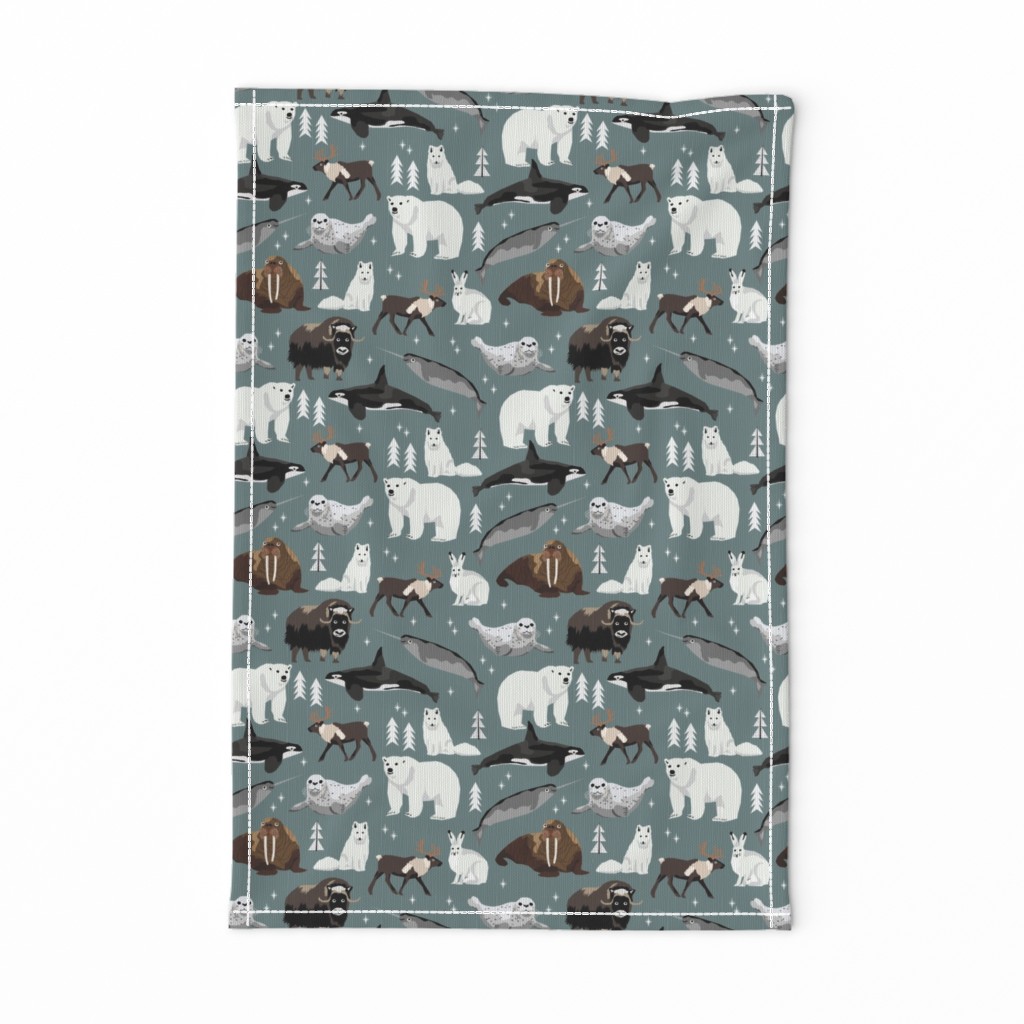 arctic animals narwhal polar bear seal whale nature kids nursery fabric medium green/grey