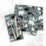 arctic animals narwhal polar bear seal whale nature kids nursery fabric medium green/grey