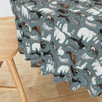 arctic animals narwhal polar bear seal whale nature kids nursery fabric medium green/grey