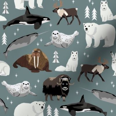 arctic animals narwhal polar bear seal whale nature kids nursery fabric medium green/grey