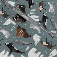 arctic animals narwhal polar bear seal whale nature kids nursery fabric medium green/grey