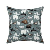 arctic animals narwhal polar bear seal whale nature kids nursery fabric medium green/grey