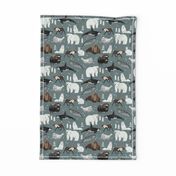 arctic animals narwhal polar bear seal whale nature kids nursery fabric medium green/grey