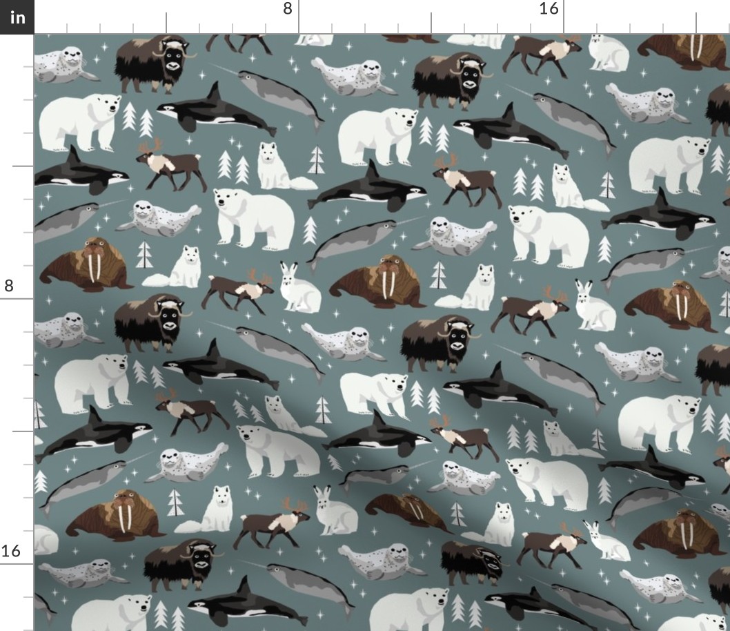 arctic animals narwhal polar bear seal whale nature kids nursery fabric medium green/grey