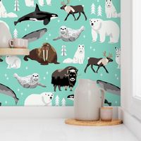 arctic animals narwhal polar bear seal whale nature kids nursery fabric teal