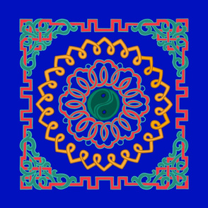 red, orange, green Ornaments on blue