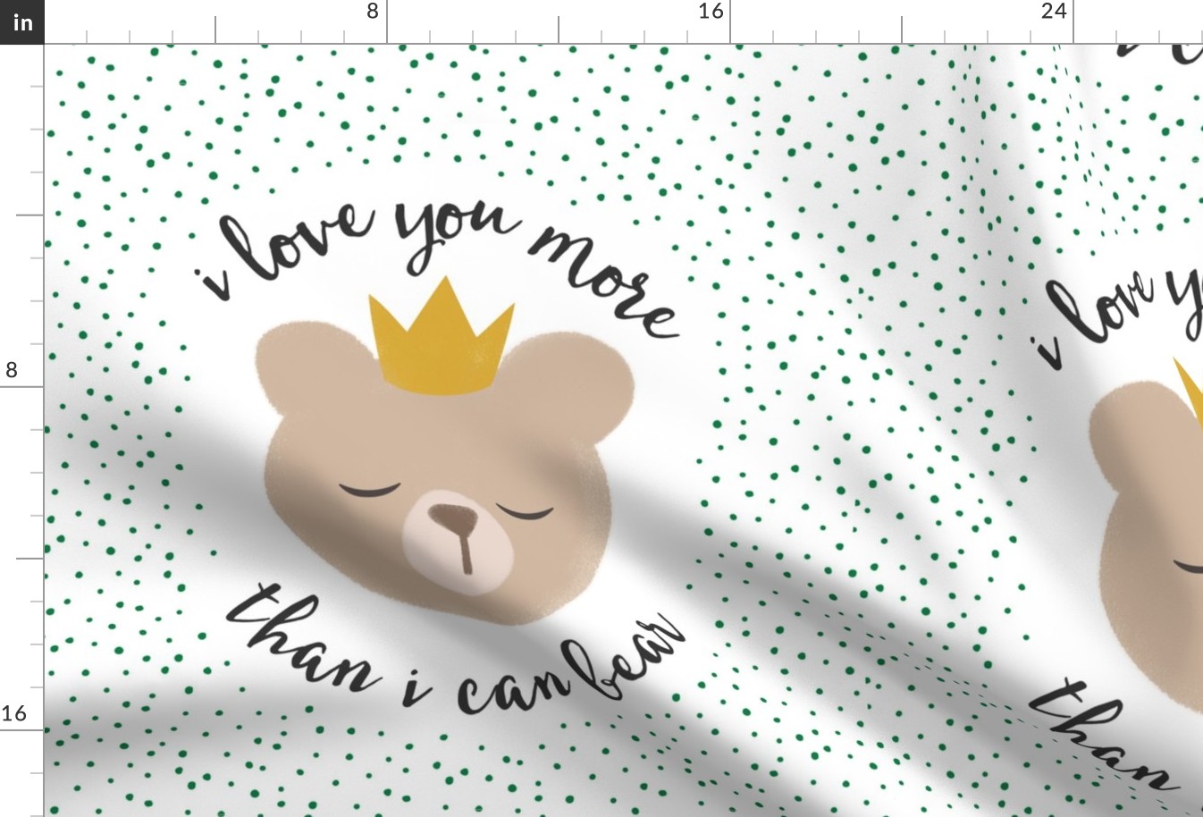 18" square - I love you more than I can bear - crown - green dots