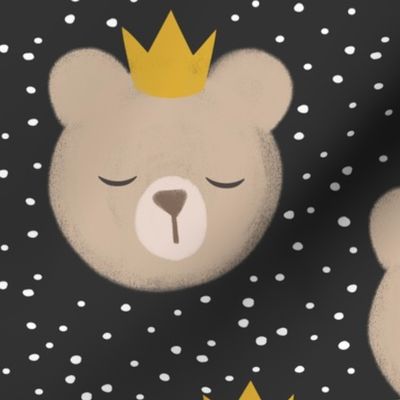 (large scale) bears with crowns - polka on grey