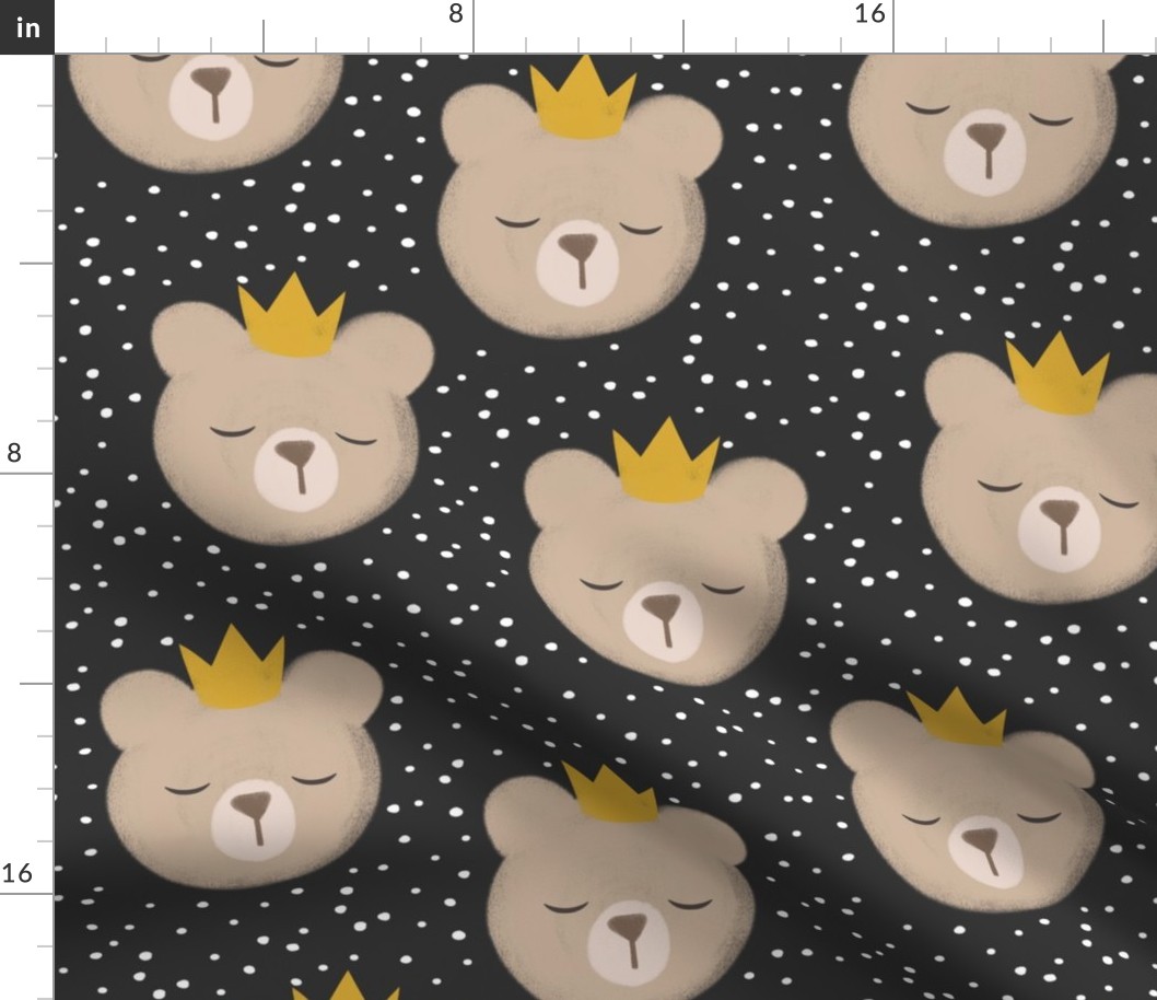 (large scale) bears with crowns - polka on grey