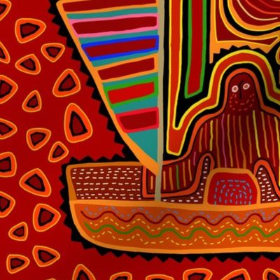 Panama Kuna Indian Folk Art Mola Men in Boats - 7082381 - Red Black Orange Navy