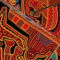 Panama Kuna Indian Folk Art Mola Men in Boats - 7082381 - Red Black Orange Navy
