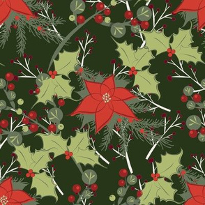 Poinsettias and Holly on Green