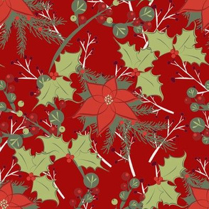 Poinsettia and Holly Leaves on Red
