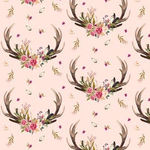 Antlers & Flowers (baby pink) - Pink Floral Feathers Deer Antler Baby Girl Nursery Crib Sheets Bedding  B