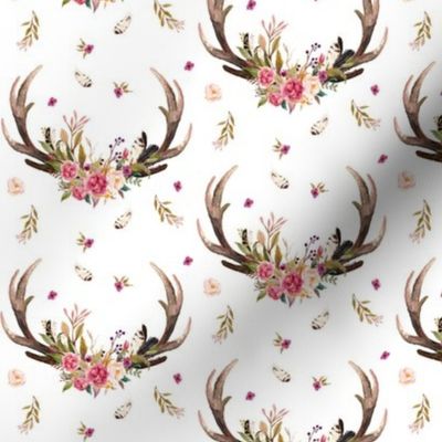 Antlers & Flowers - Pink Floral Feathers Deer Antler Baby Girl Nursery Crib Bedding B