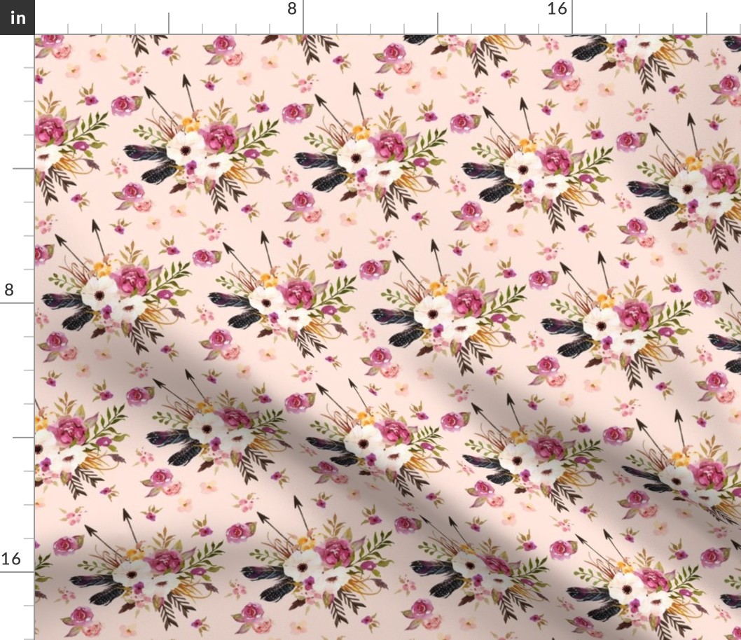 Boho Floral w/ Feathers + Arrows (baby pink) - Pink Flowers Baby Girl Nursery Crib Sheets Bedding Fabric B